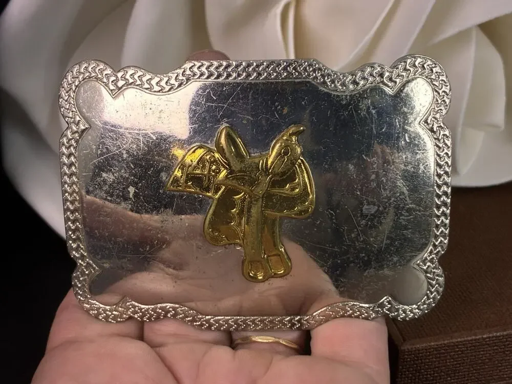 Vintage Nickel Silver Western Belt Buckle Gold Tone Saddled Horse Cowboy